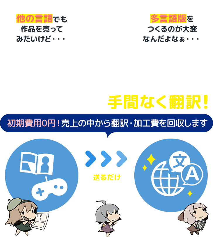   DLsiteなら作品のファイルを送るだけでゲームも漫画も手間なく翻訳！   DLsiteなら、作品のファイルを送るだけでゲームも漫画も手間なく翻訳！